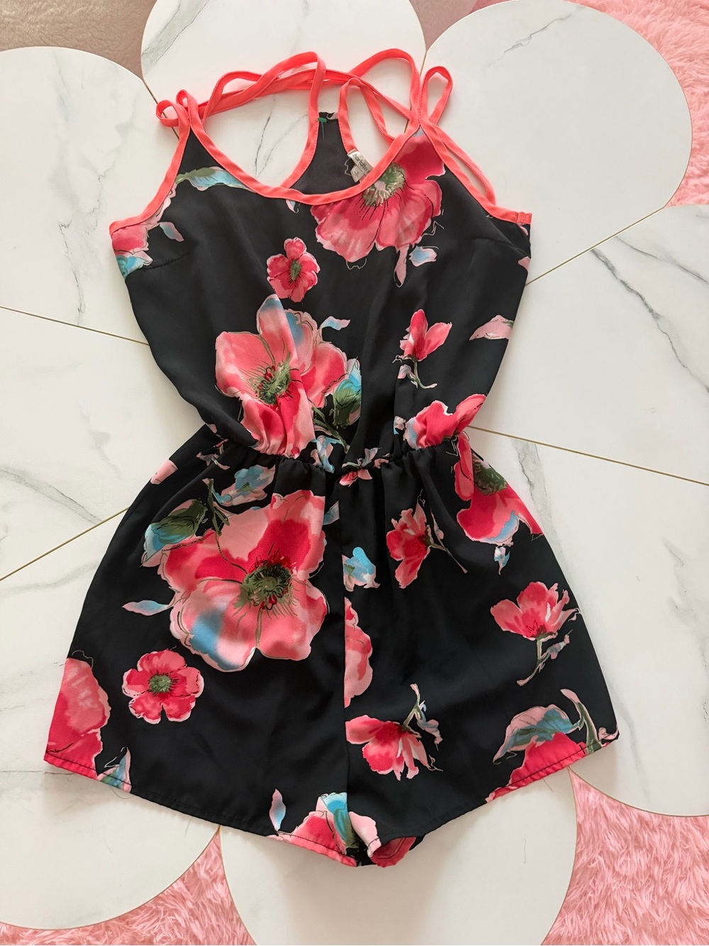 Charlotte Russe Black Romper with Coral Pink Trim and Floral Print size S